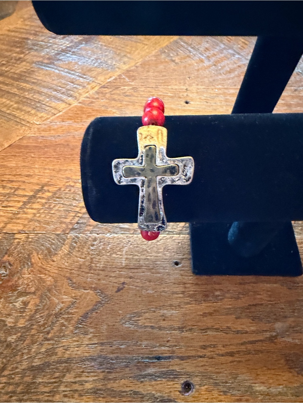 Red Beaded Bracelet with Silver-Tone Cross Charm - Unbranded